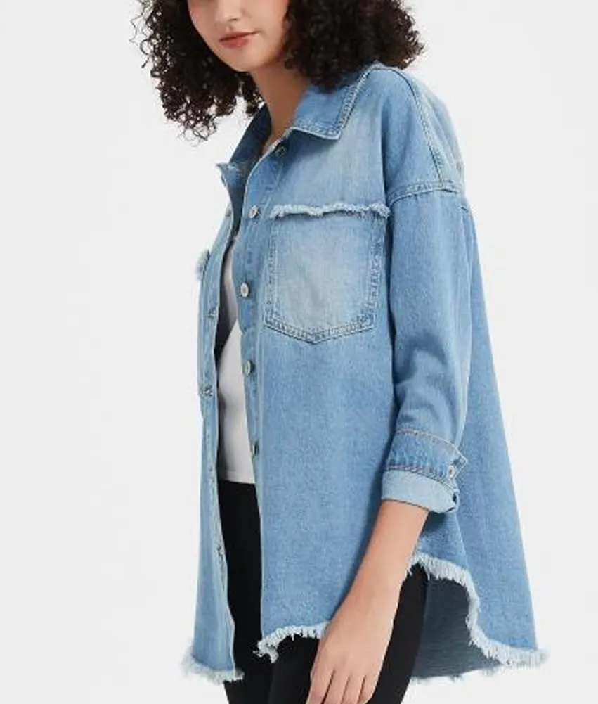 Kedera Women's Oversized Denim Jacket Casual Long Boyfriend Distresse Jean Shacket Jacket with Pockets