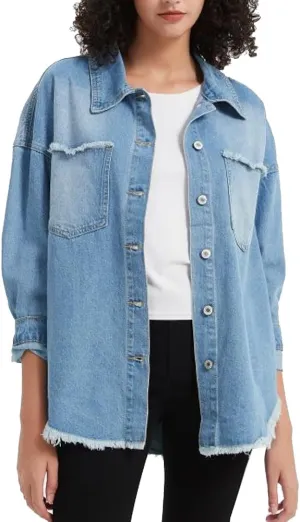 Kedera Women's Oversized Denim Jacket Casual Long Boyfriend Distresse Jean Shacket Jacket with Pockets