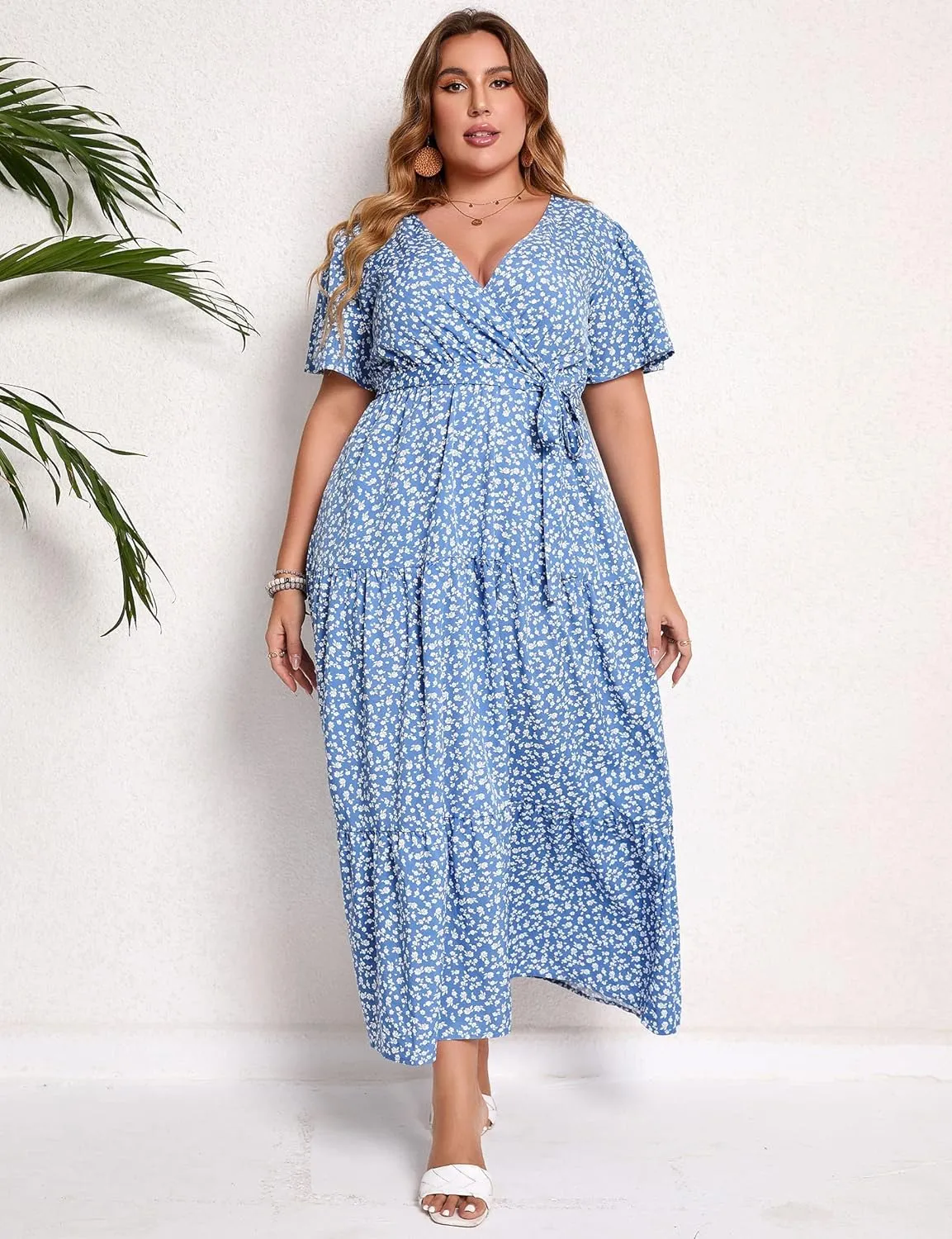 KOJOOIN Women Plus Size V Neck Wrap Maxi Dress Short Sleeves High Waist Ruffle Summer Casual Dress with Belt