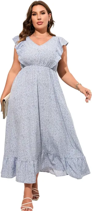 KOJOOIN Women's Plus Size Summer Dress with Pocket Ruffle Cap Sleeveless V Neck Side Split Long Beach Maxi Dress