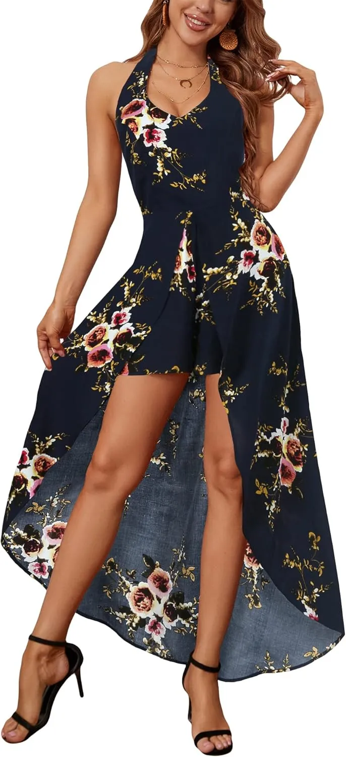 Kormei Womens Scoop Neck Halter Backless Floral Rayon Party Split Maxi Romper Dress