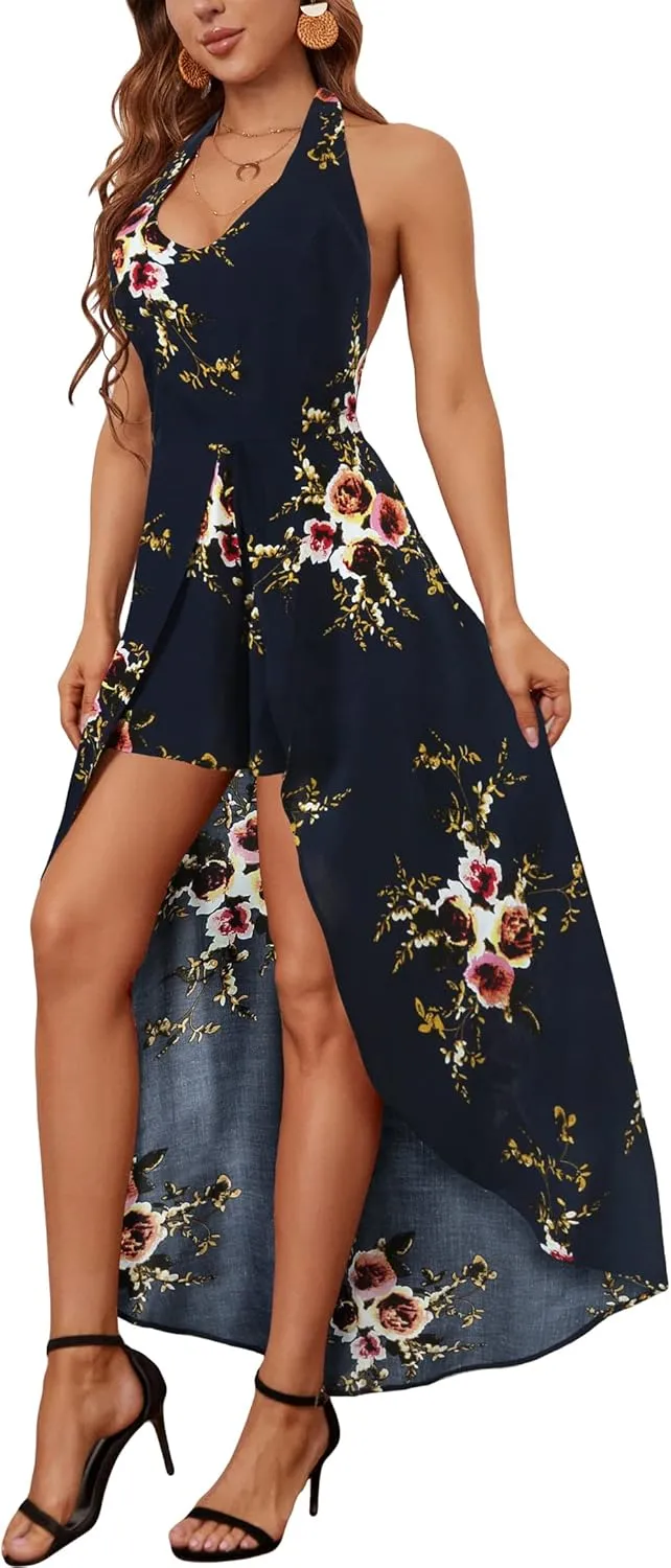 Kormei Womens Scoop Neck Halter Backless Floral Rayon Party Split Maxi Romper Dress