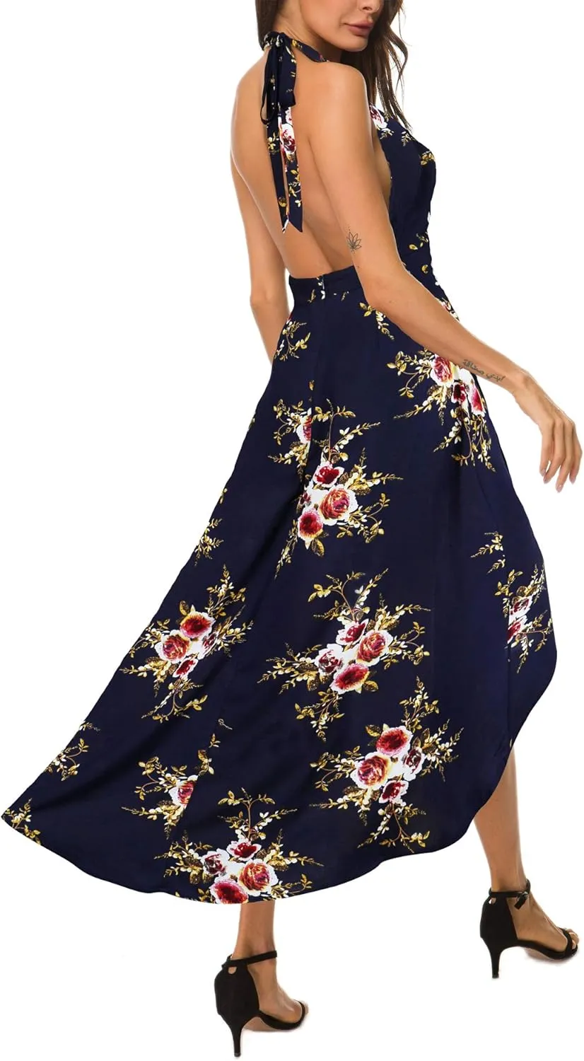 Kormei Womens Scoop Neck Halter Backless Floral Rayon Party Split Maxi Romper Dress