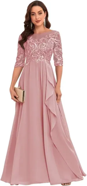 Lace Appliques Chiffon Mother of The Bride Dresses with Sleeves Ruffle Long Formal Evening Gowns