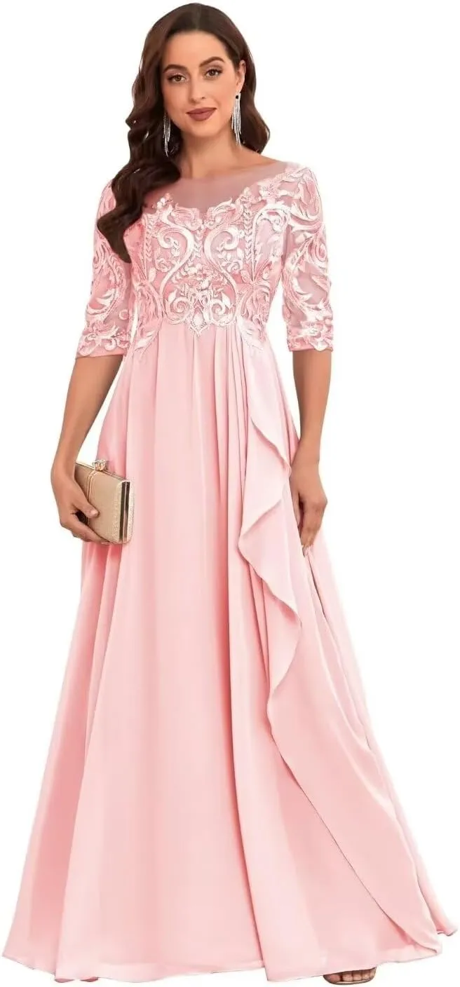 Lace Appliques Chiffon Mother of The Bride Dresses with Sleeves Ruffle Long Formal Evening Gowns