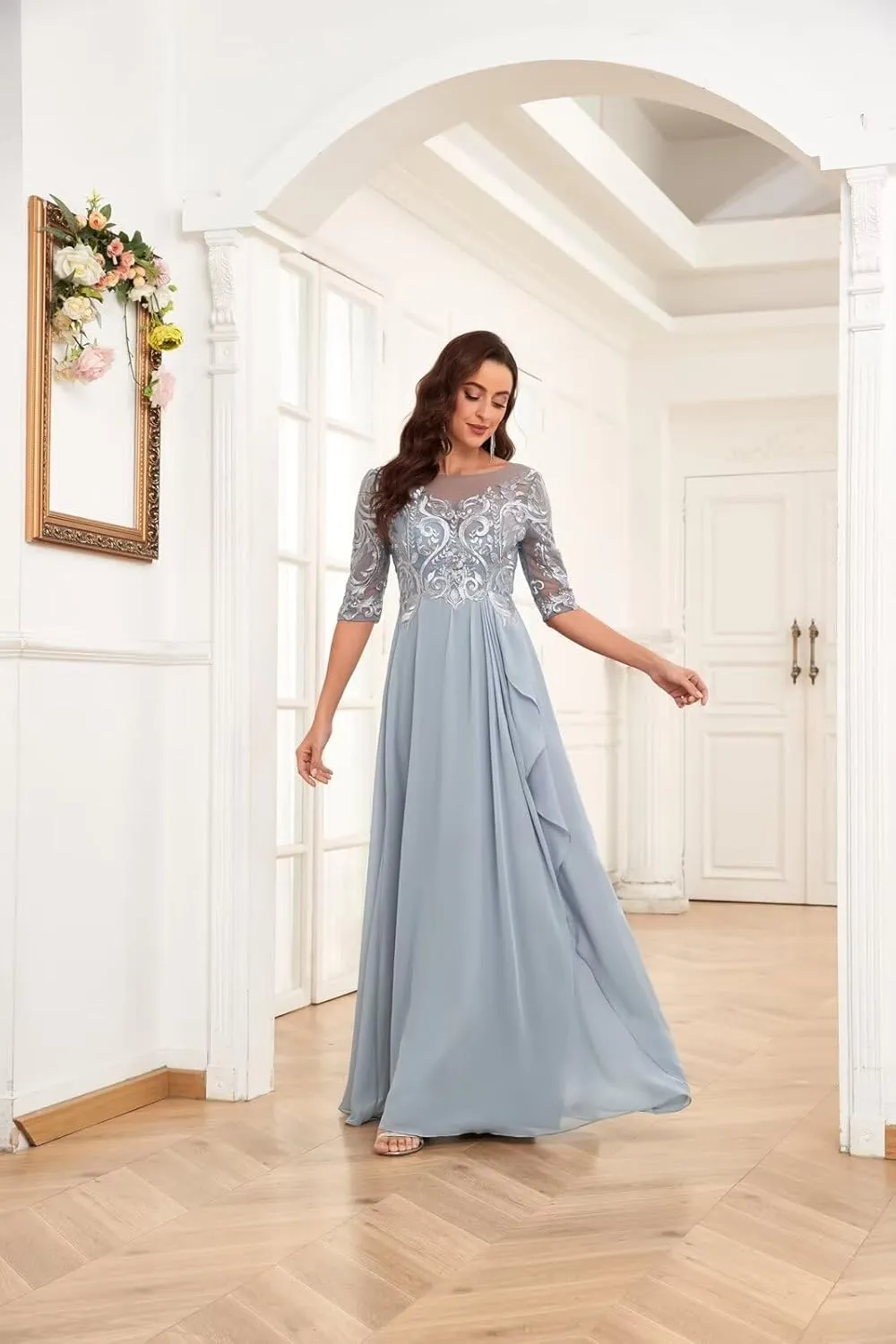 Lace Appliques Chiffon Mother of The Bride Dresses with Sleeves Ruffle Long Formal Evening Gowns