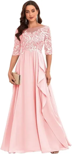 Lace Appliques Chiffon Mother of The Bride Dresses with Sleeves Ruffle Long Formal Evening Gowns