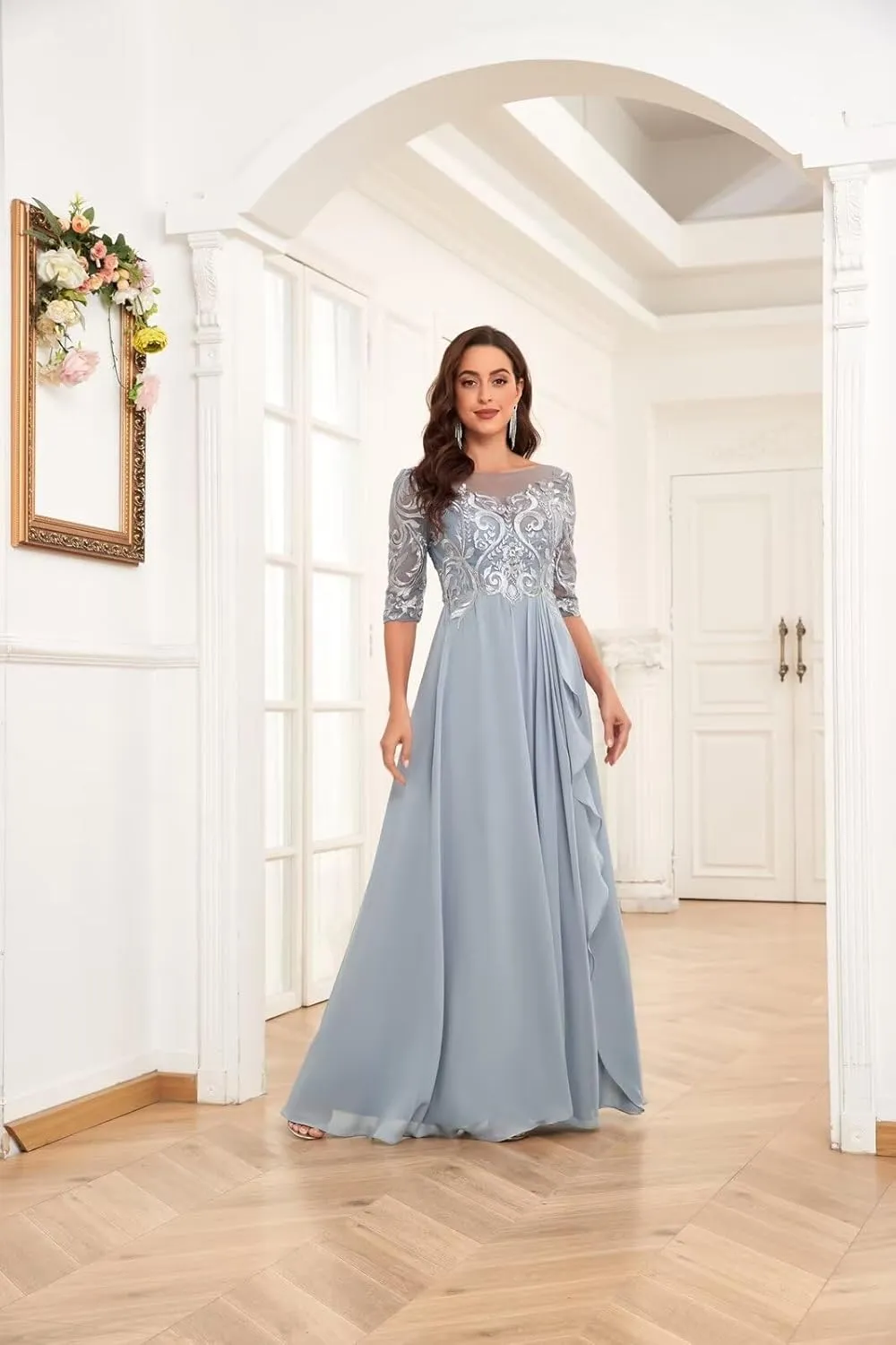 Lace Appliques Chiffon Mother of The Bride Dresses with Sleeves Ruffle Long Formal Evening Gowns