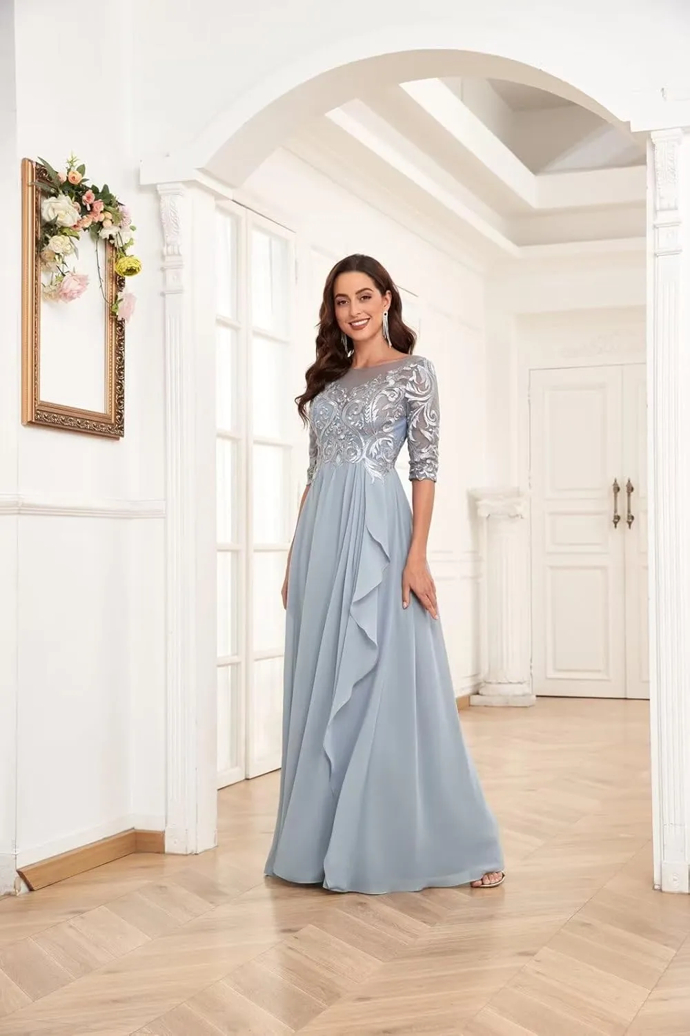 Lace Appliques Chiffon Mother of The Bride Dresses with Sleeves Ruffle Long Formal Evening Gowns