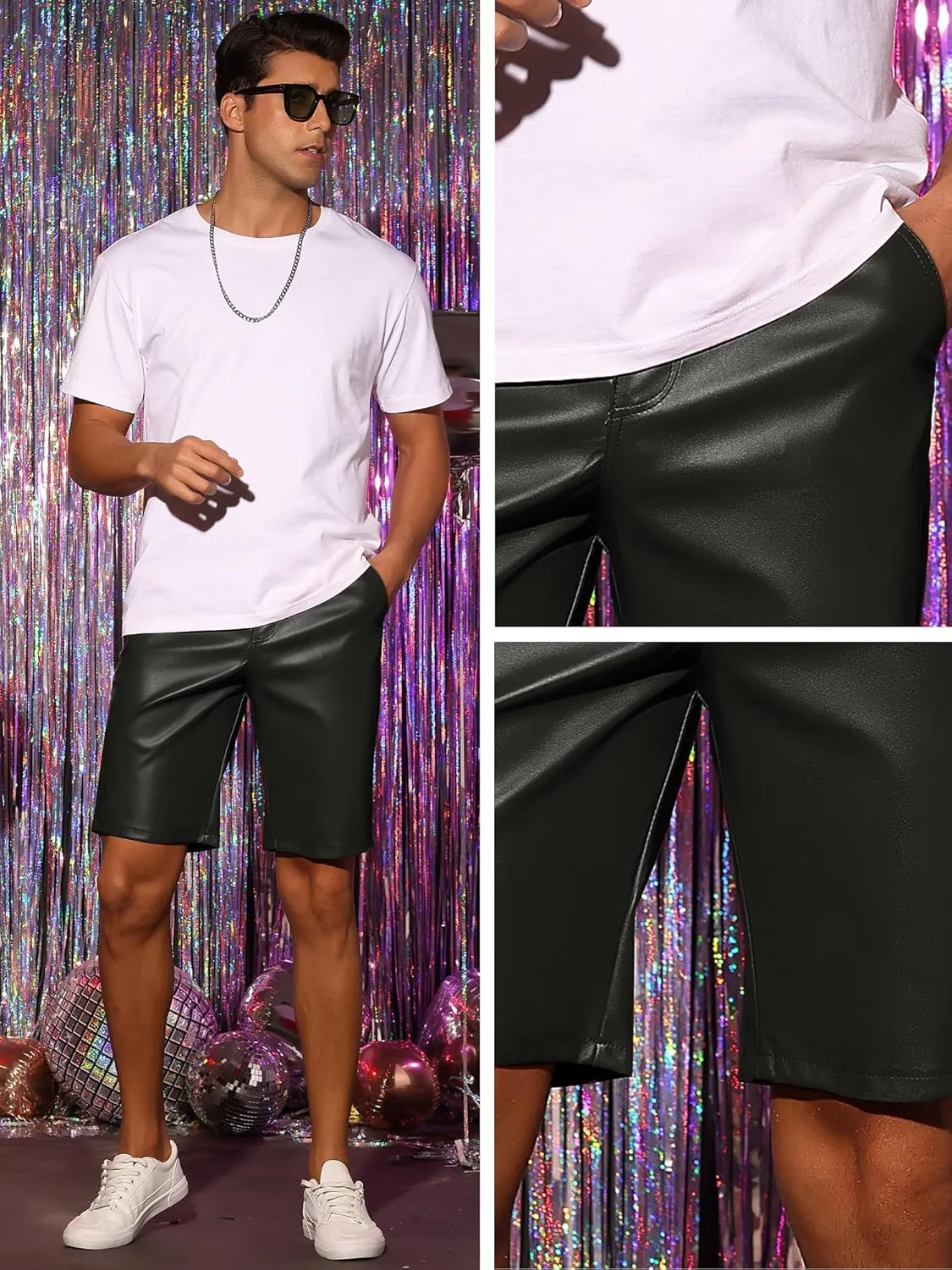 Lars Amadeus Faux Leather Shorts for Men's Hip Hop Motorcycle Biker Party Disco Shorts
