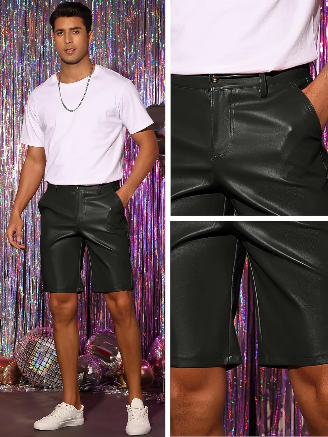 Lars Amadeus Faux Leather Shorts for Men's Hip Hop Motorcycle Biker Party Disco Shorts