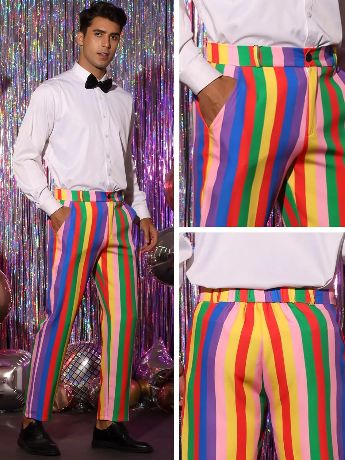 Lars Amadeus Rainbow Pants for Men's Regular Fit Flat Front Color Block Stripe Dress Trousers