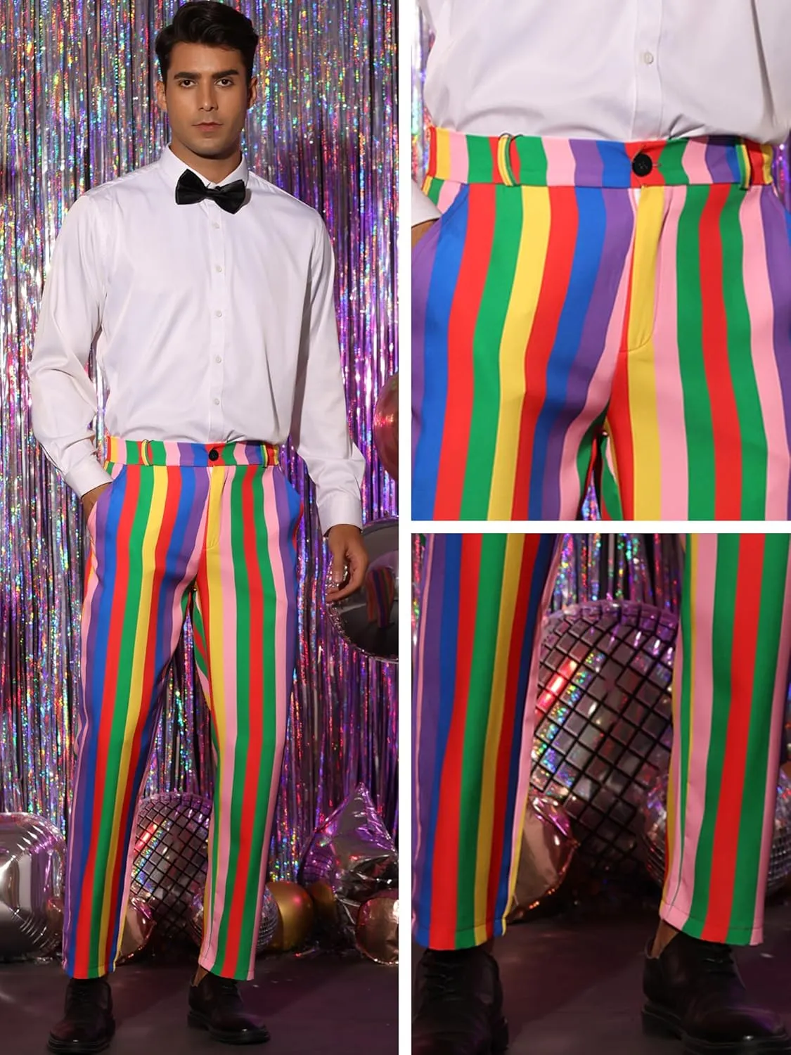 Lars Amadeus Rainbow Pants for Men's Regular Fit Flat Front Color Block Stripe Dress Trousers