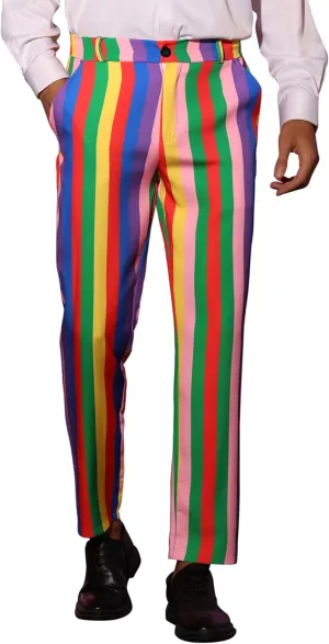 Lars Amadeus Rainbow Pants for Men's Regular Fit Flat Front Color Block Stripe Dress Trousers