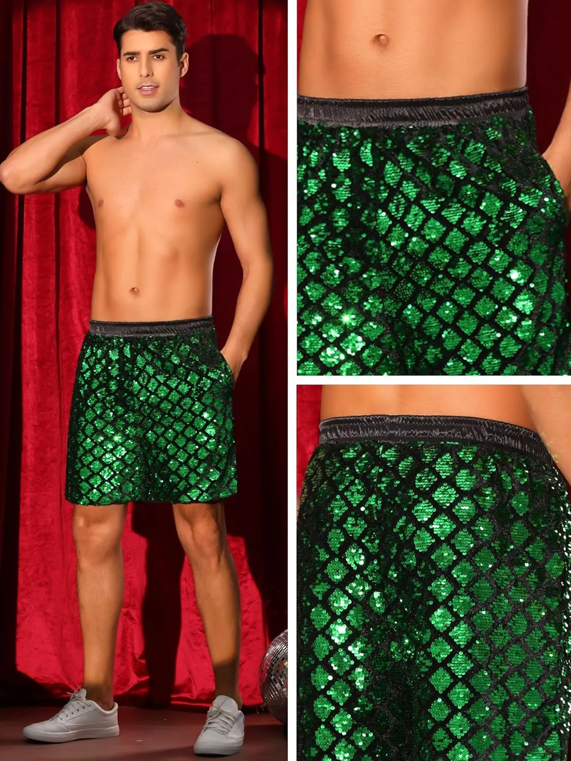 Lars Amadeus Sequin Shorts for Men's Metallic Sequins Disco Party Sparkly Shiny Hot Shorts