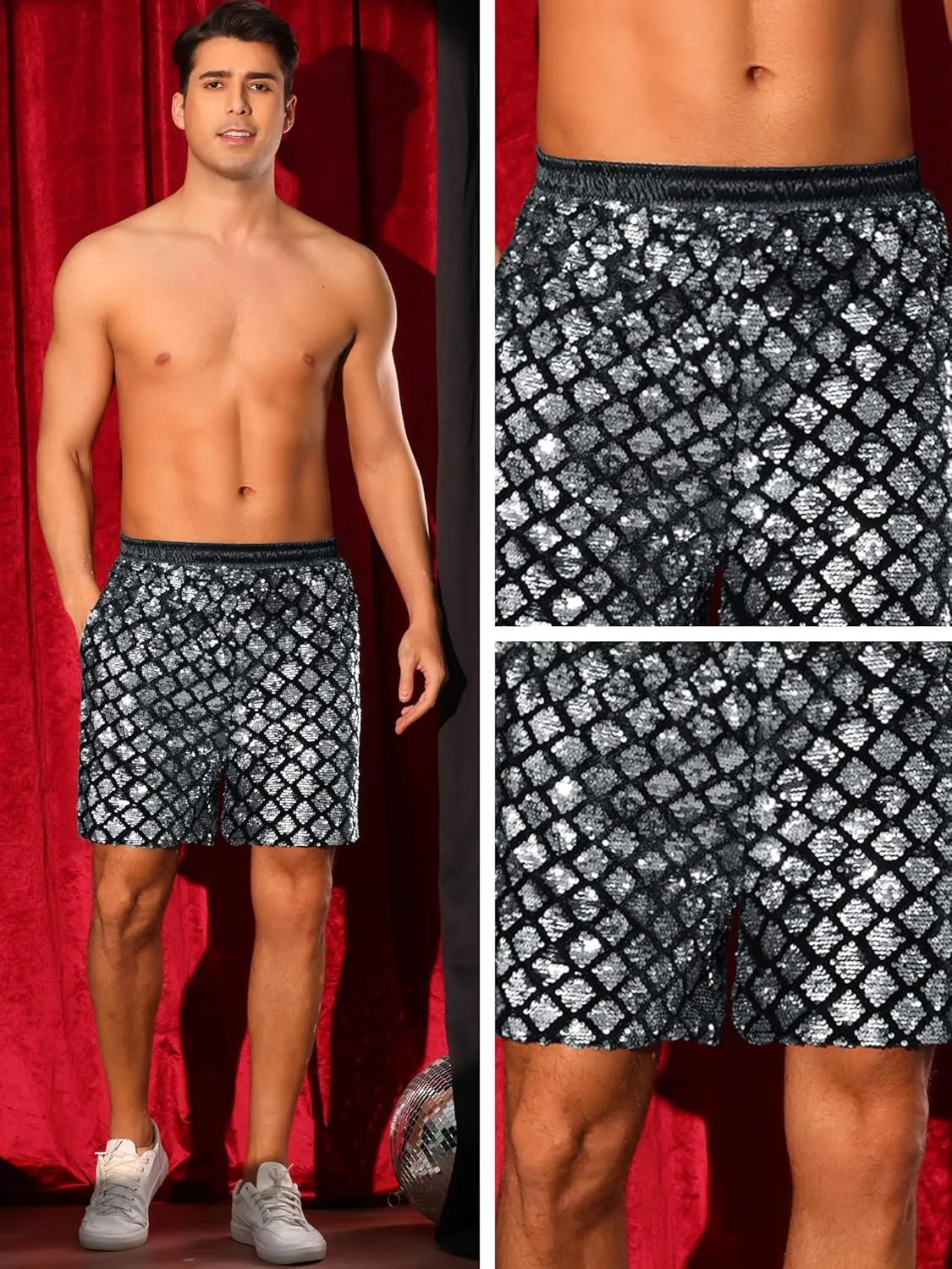Lars Amadeus Sequin Shorts for Men's Metallic Sequins Disco Party Sparkly Shiny Hot Shorts