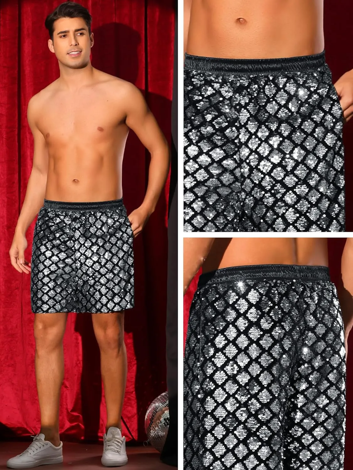 Lars Amadeus Sequin Shorts for Men's Metallic Sequins Disco Party Sparkly Shiny Hot Shorts