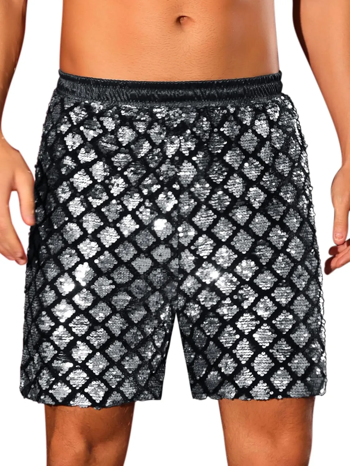 Lars Amadeus Sequin Shorts for Men's Metallic Sequins Disco Party Sparkly Shiny Hot Shorts