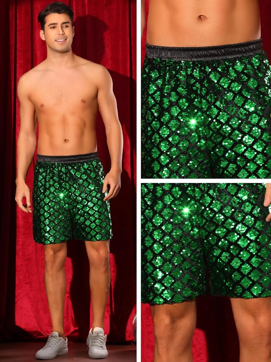 Lars Amadeus Sequin Shorts for Men's Metallic Sequins Disco Party Sparkly Shiny Hot Shorts
