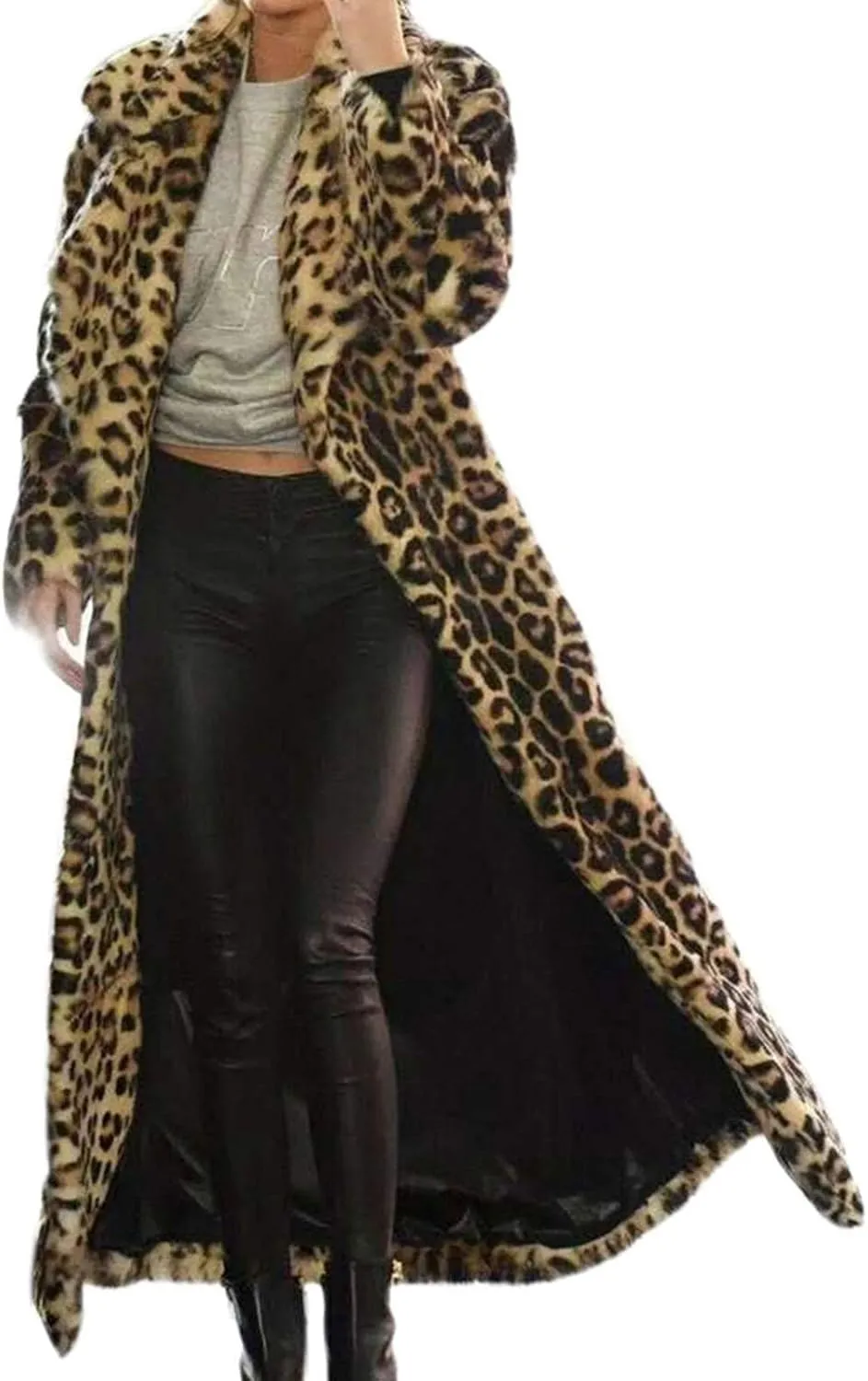 Leopard Print Coat Women 2024 Winter Fleece Fuzzy Open Front Long Jacket Faux Fur Cardigan Overcoat Trench Coat
