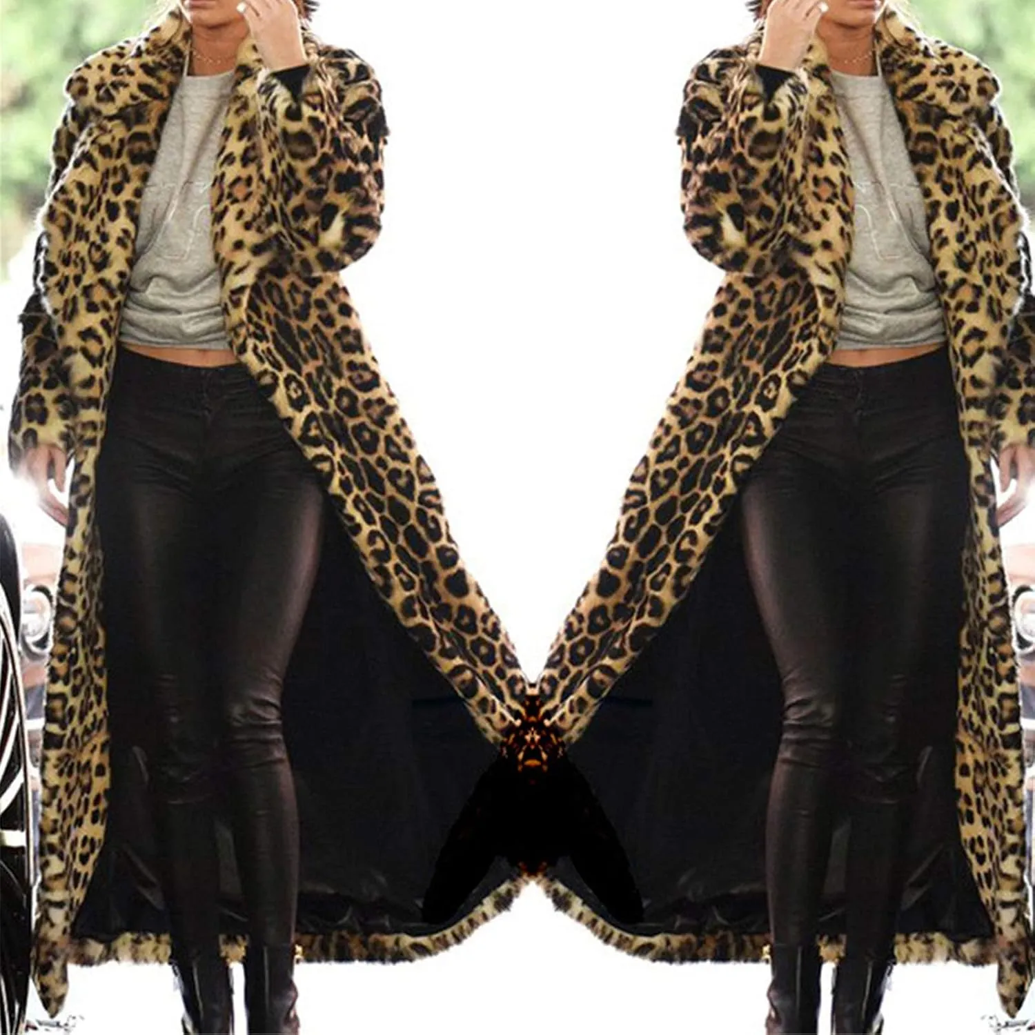 Leopard Print Coat Women 2024 Winter Fleece Fuzzy Open Front Long Jacket Faux Fur Cardigan Overcoat Trench Coat