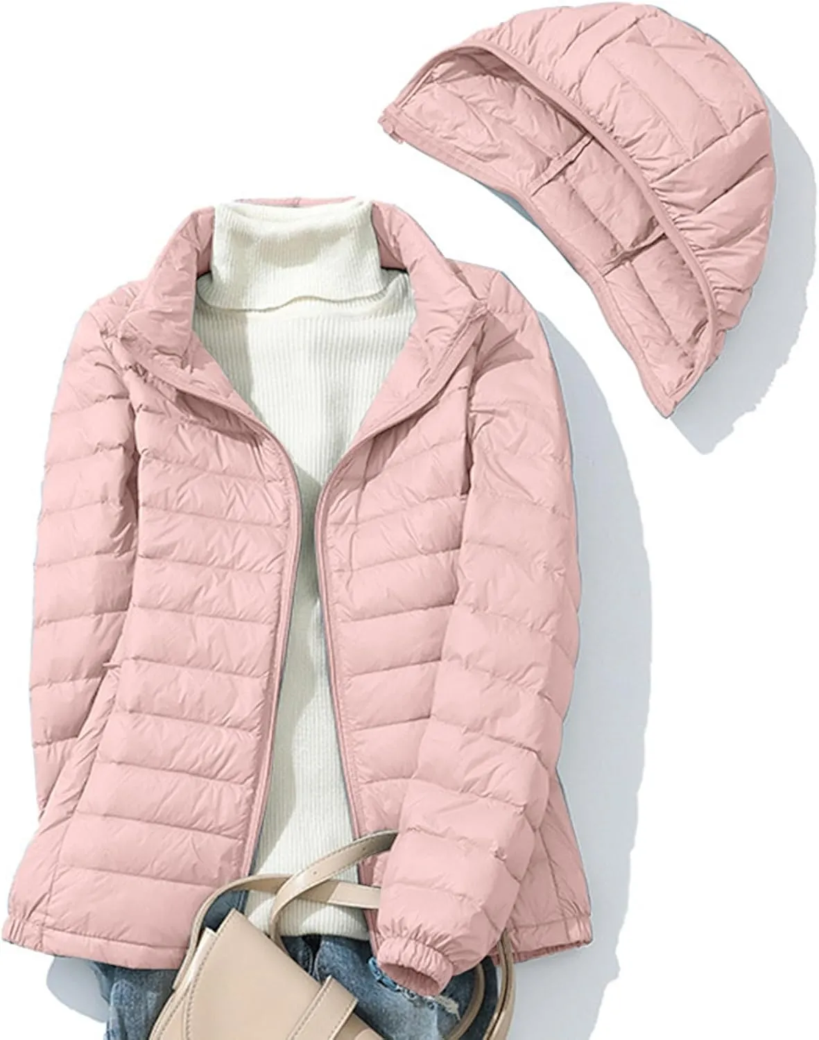 Lightweight Jackets For Women With Hood Long Sleeve Trendy Zip Solid Color Down Coat Winter Warm Casual Puffer Jacket