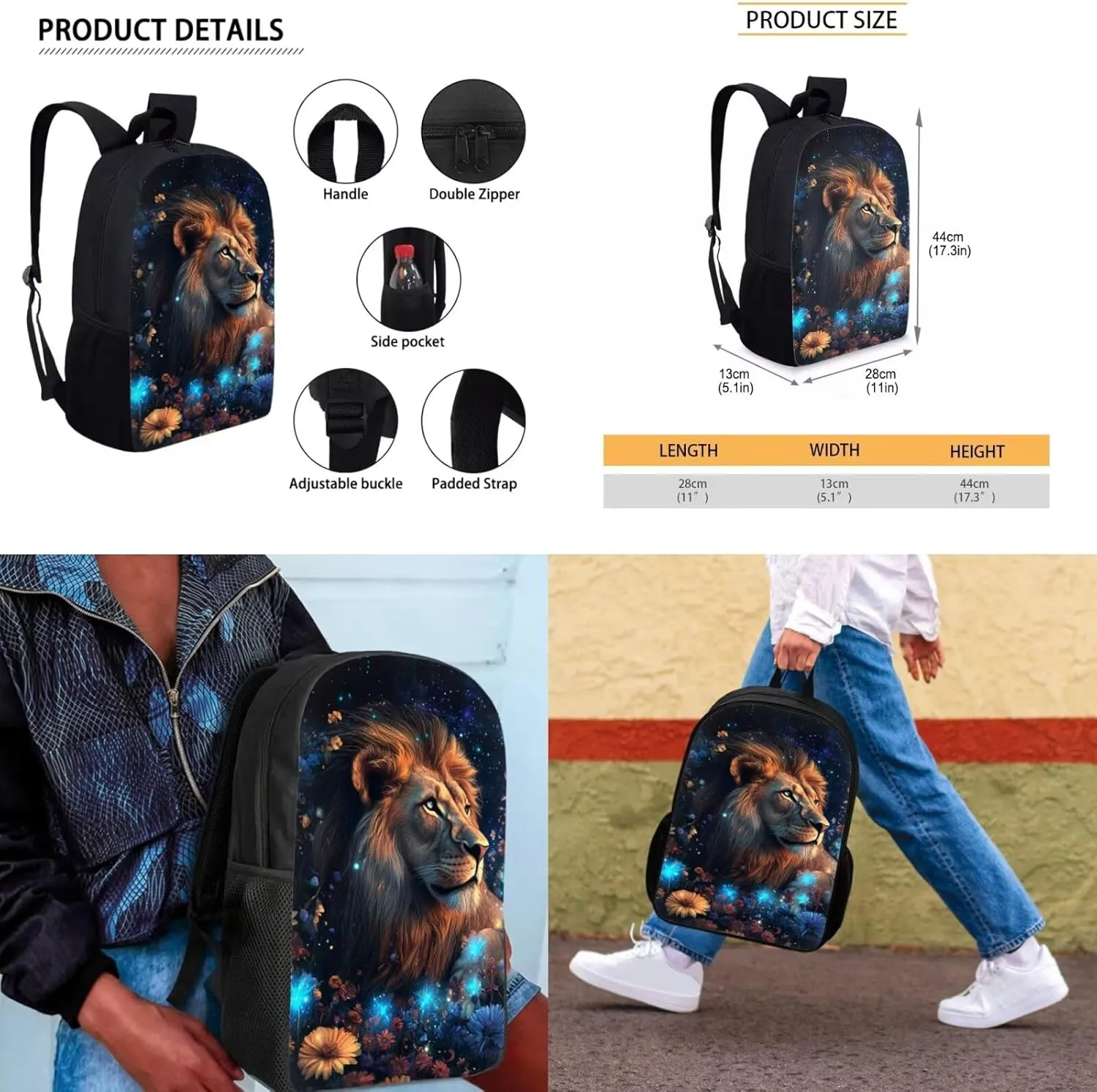 Lion Lunch Box and Backpack Set 17 Inch Backpacks for 6Th Grade Girls 4 PCS Large Capacity Easy Clean Lightweight Teenager Laptop Pencil Case Aesthetic Sling Bag with Keychain Wristlet Cute