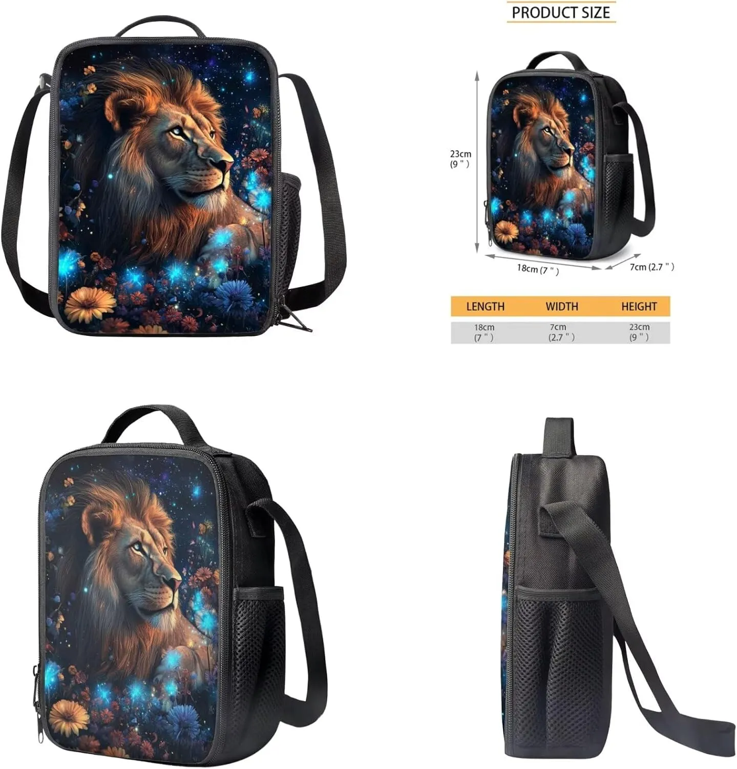 Lion Lunch Box and Backpack Set 17 Inch Backpacks for 6Th Grade Girls 4 PCS Large Capacity Easy Clean Lightweight Teenager Laptop Pencil Case Aesthetic Sling Bag with Keychain Wristlet Cute