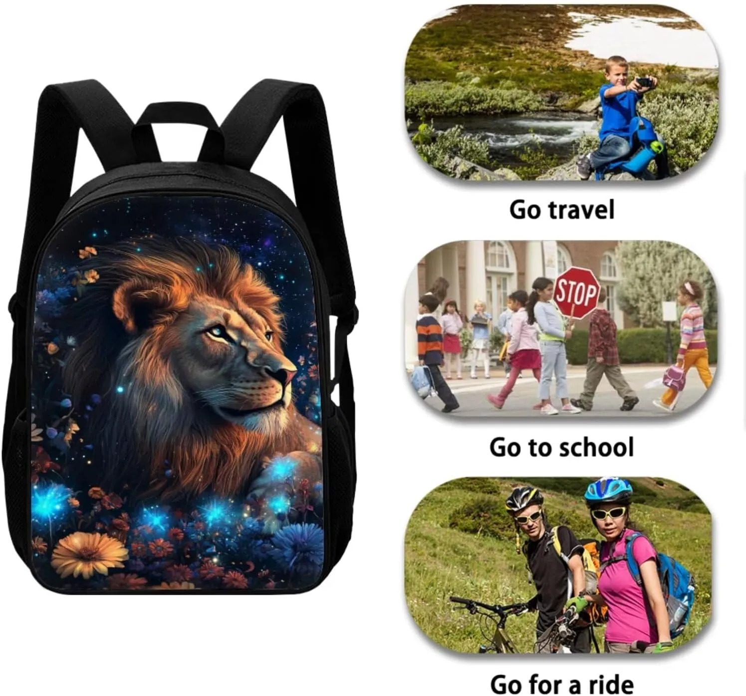 Lion Lunch Box and Backpack Set 17 Inch Backpacks for 6Th Grade Girls 4 PCS Large Capacity Easy Clean Lightweight Teenager Laptop Pencil Case Aesthetic Sling Bag with Keychain Wristlet Cute