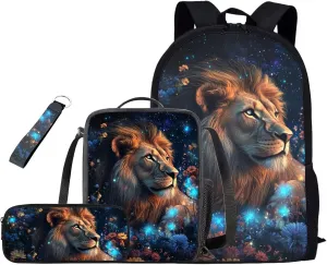 Lion Lunch Box and Backpack Set 17 Inch Backpacks for 6Th Grade Girls 4 PCS Large Capacity Easy Clean Lightweight Teenager Laptop Pencil Case Aesthetic Sling Bag with Keychain Wristlet Cute