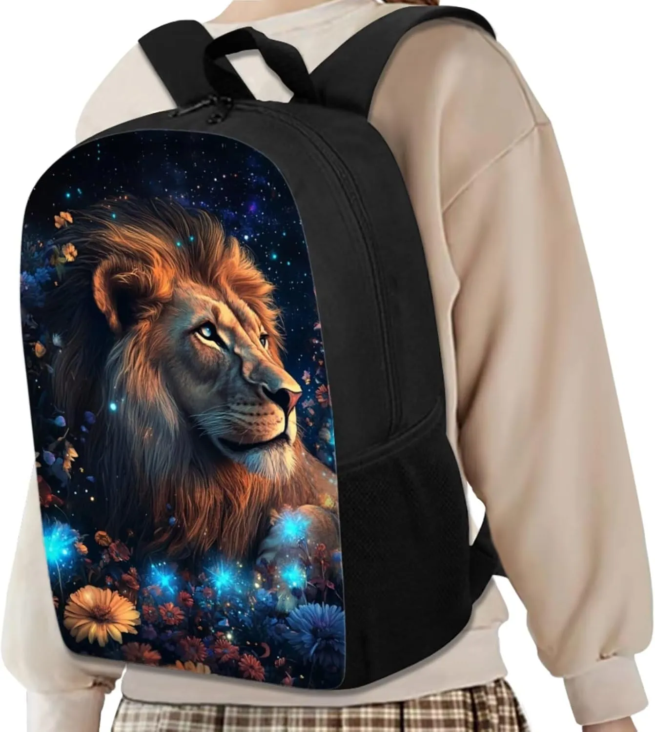 Lion Lunch Box and Backpack Set 17 Inch Backpacks for 6Th Grade Girls 4 PCS Large Capacity Easy Clean Lightweight Teenager Laptop Pencil Case Aesthetic Sling Bag with Keychain Wristlet Cute