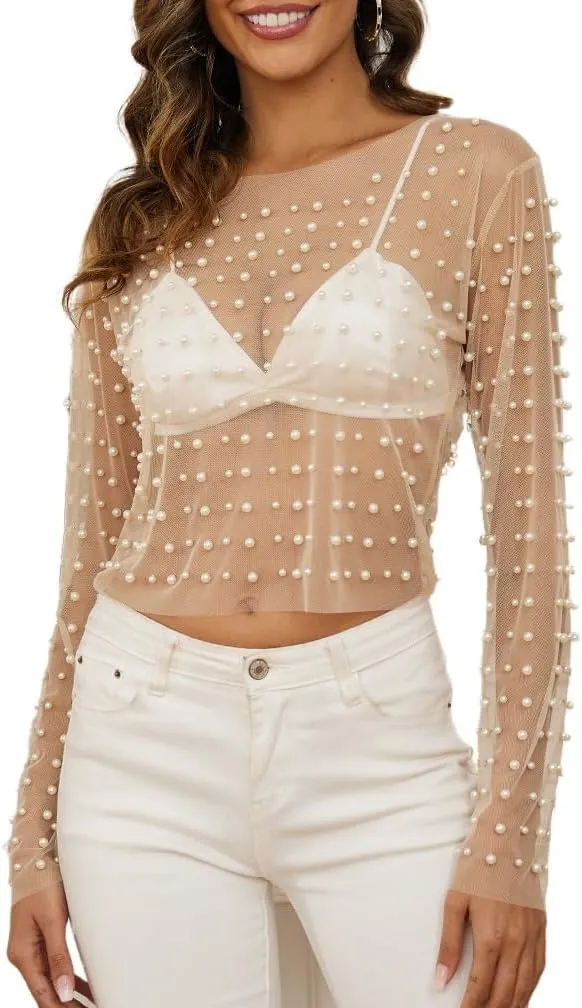 LOFAAC Women Sexy See Through Pearl Rhinestone Beaded Crop Top Y2K Long Sleeve Sheer Mesh Crop Blouse Shirt Clubwear 90s
