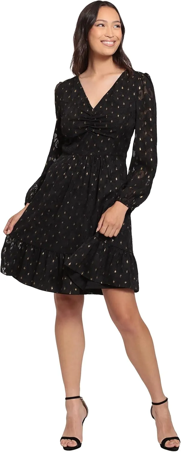 London Times Women's V-Neck Ruched Waist Tiered Skirt Dress