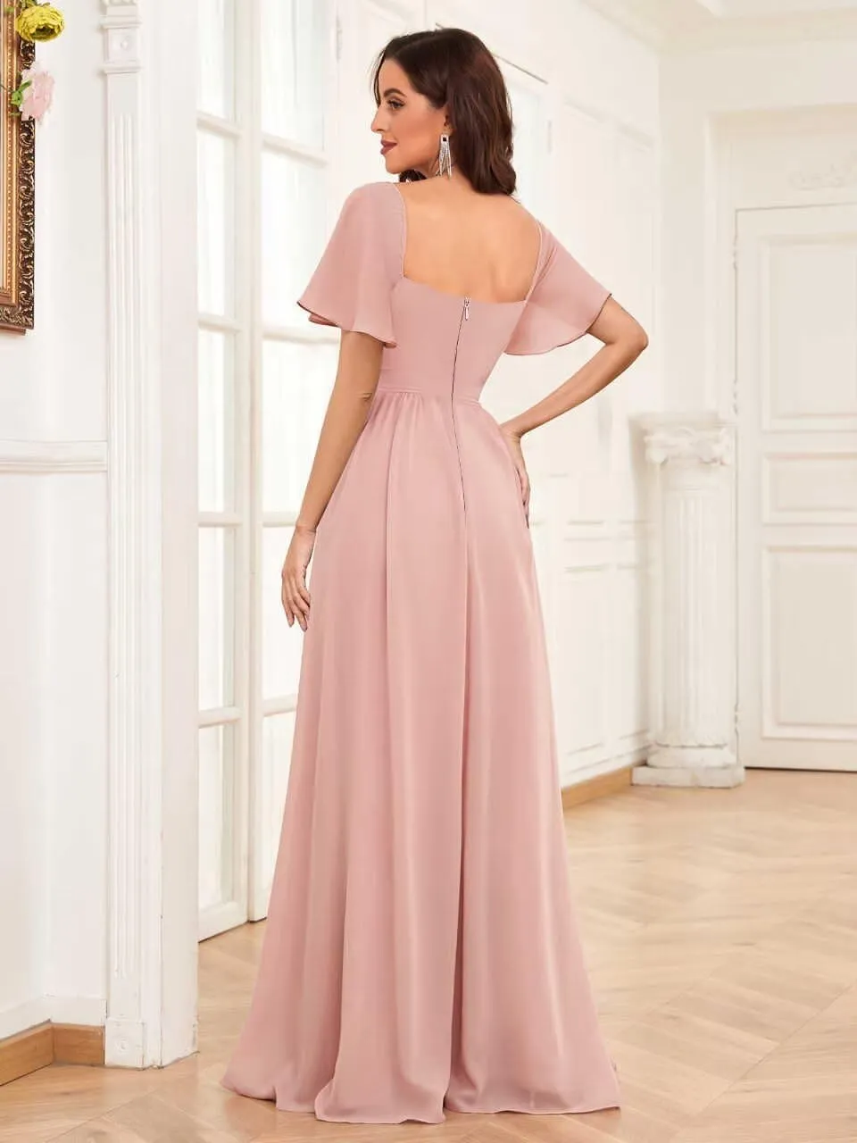 Long Chiffon Bridesmaid Dresses with Sleeves Ruched A-Line Formal Dress Evening Gowns with Slit