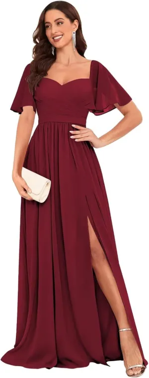 Long Chiffon Bridesmaid Dresses with Sleeves Ruched A-Line Formal Dress Evening Gowns with Slit