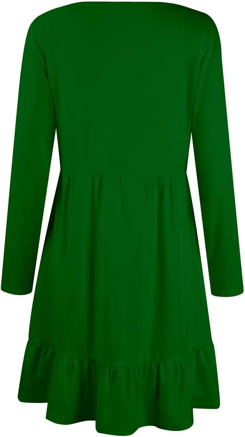 Long Sleeve Dress for Women Plus Size Casual Ruffle Tiered Swing Midi Dress with Pocket Tunic A-Line Dresses