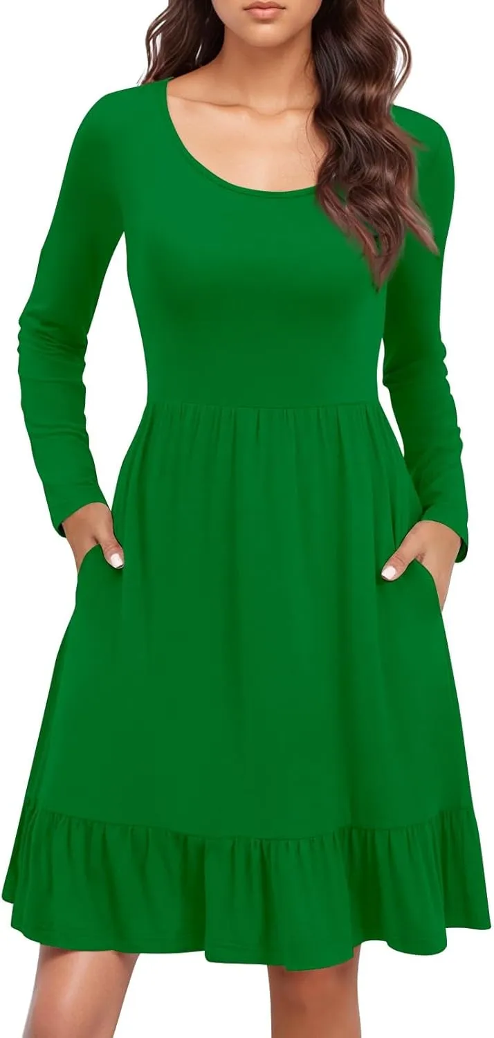 Long Sleeve Dress for Women Plus Size Casual Ruffle Tiered Swing Midi Dress with Pocket Tunic A-Line Dresses