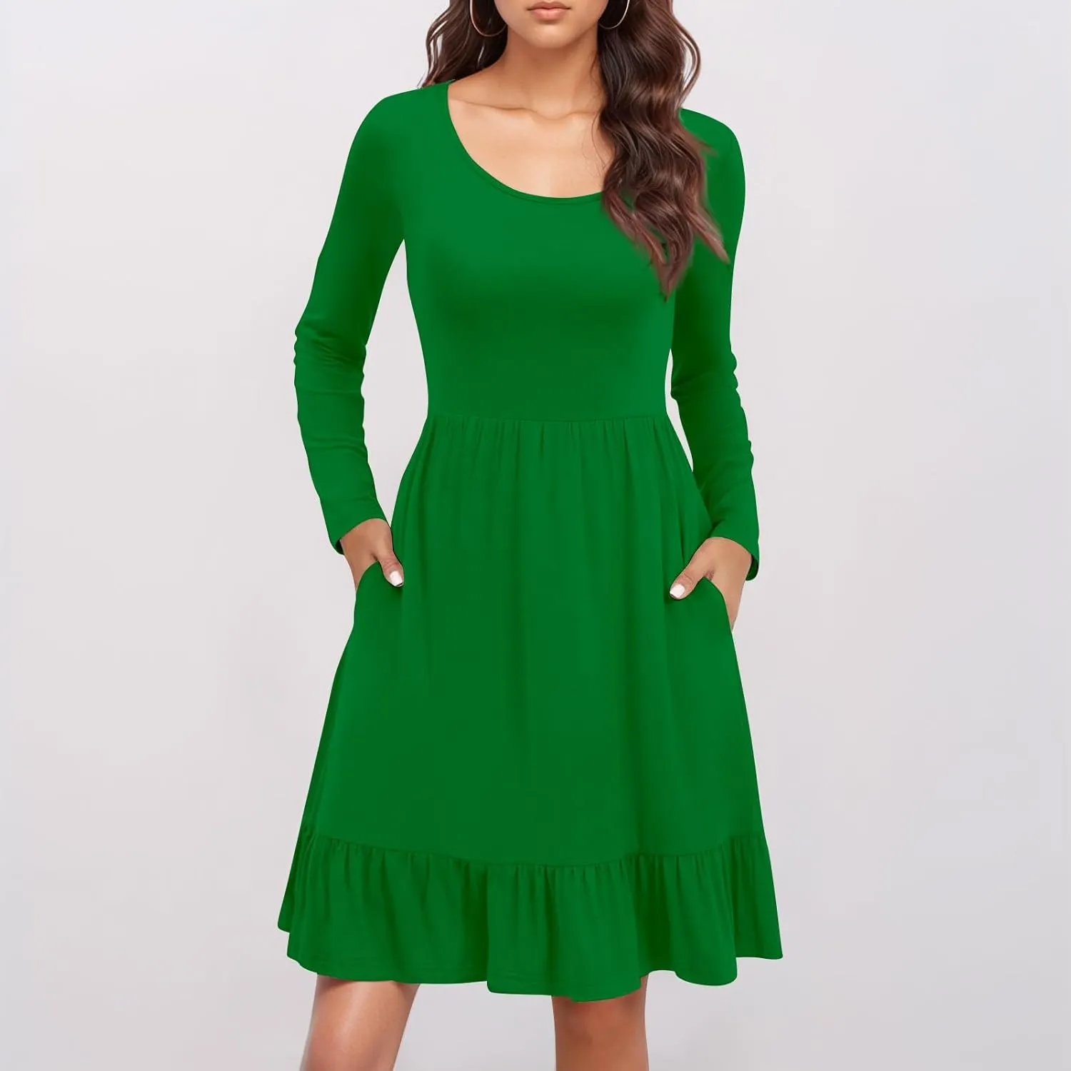 Long Sleeve Dress for Women Plus Size Casual Ruffle Tiered Swing Midi Dress with Pocket Tunic A-Line Dresses
