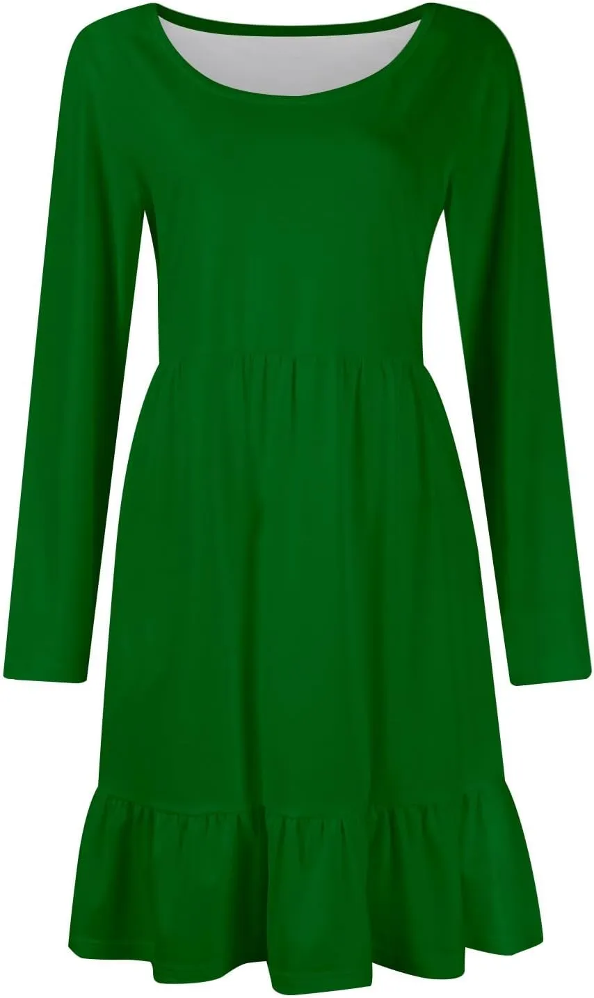 Long Sleeve Dress for Women Plus Size Casual Ruffle Tiered Swing Midi Dress with Pocket Tunic A-Line Dresses