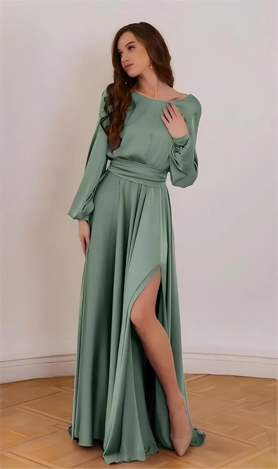 Long Sleeve Satin Bridesmaid Dresses with Slit Prom Dress with Train Backless Formal Wedding Guest Gown