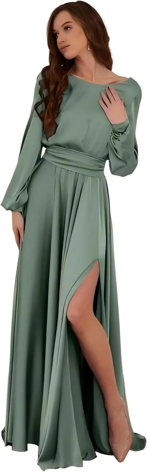 Long Sleeve Satin Bridesmaid Dresses with Slit Prom Dress with Train Backless Formal Wedding Guest Gown