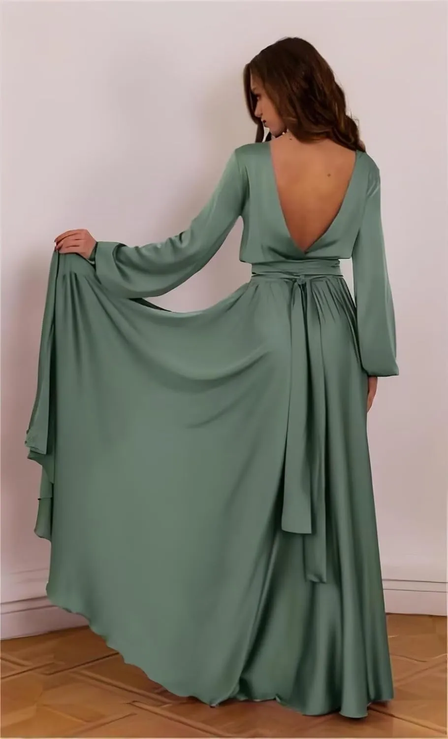 Long Sleeve Satin Bridesmaid Dresses with Slit Prom Dress with Train Backless Formal Wedding Guest Gown