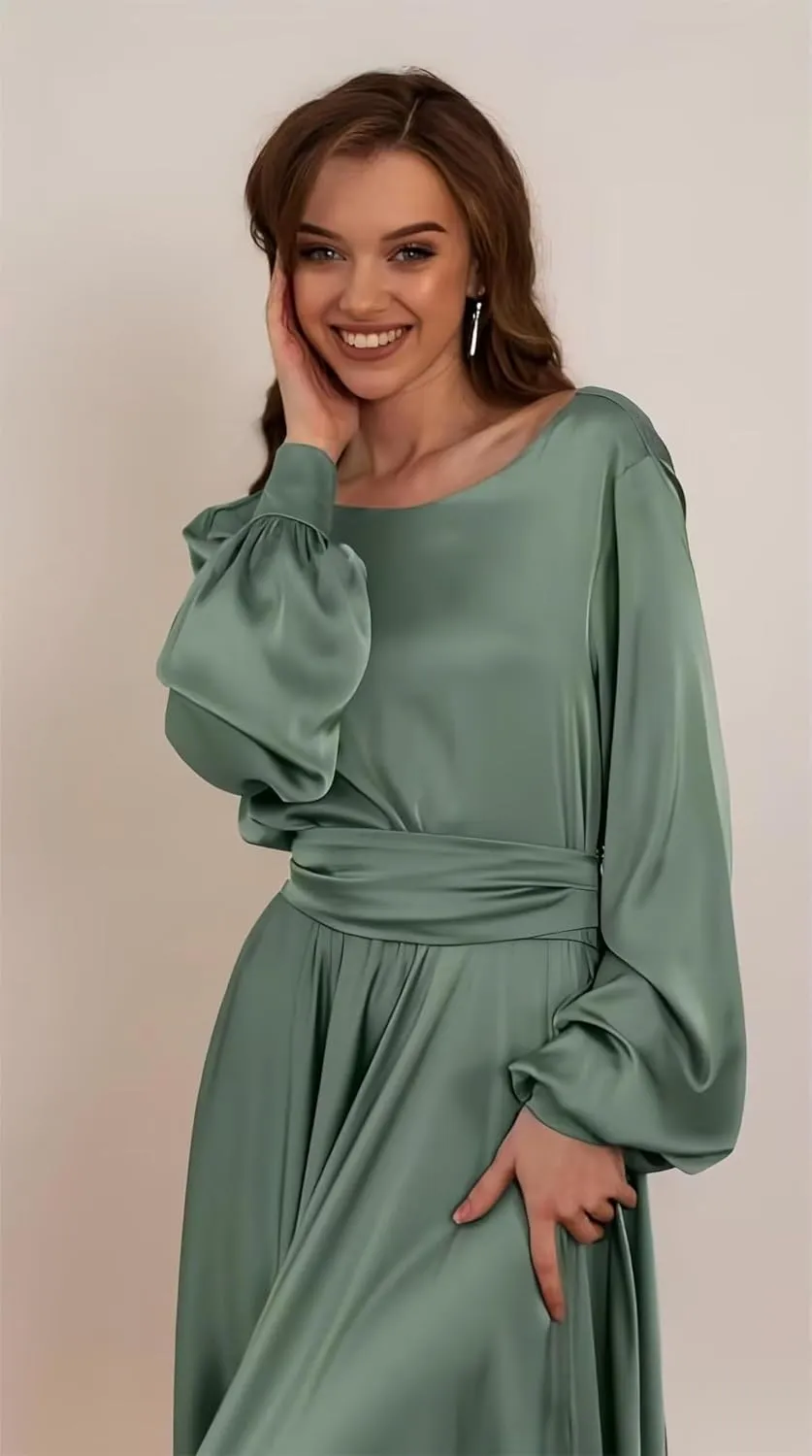 Long Sleeve Satin Bridesmaid Dresses with Slit Prom Dress with Train Backless Formal Wedding Guest Gown
