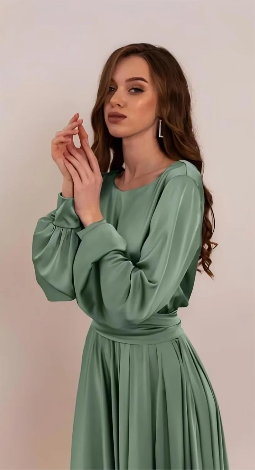 Long Sleeve Satin Bridesmaid Dresses with Slit Prom Dress with Train Backless Formal Wedding Guest Gown