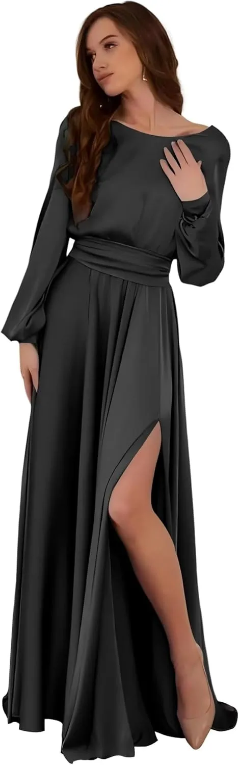 Long Sleeve Satin Bridesmaid Dresses with Slit Prom Dress with Train Backless Formal Wedding Guest Gown