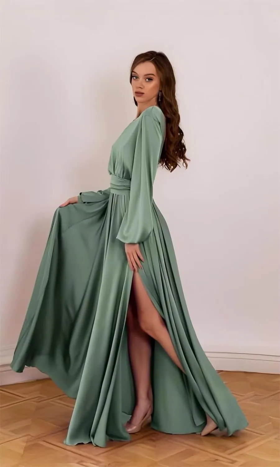 Long Sleeve Satin Bridesmaid Dresses with Slit Prom Dress with Train Backless Formal Wedding Guest Gown