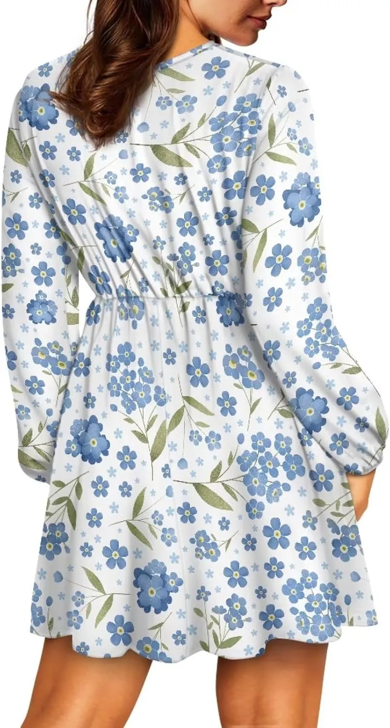 Long Sleeve Womens Dress Casual Flowy Deep V Neck Wrap Mini Dress Elastic Waist Ruffle A-Line Pleated Dresses