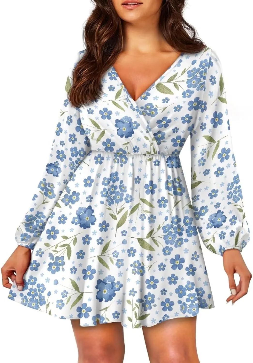 Long Sleeve Womens Dress Casual Flowy Deep V Neck Wrap Mini Dress Elastic Waist Ruffle A-Line Pleated Dresses