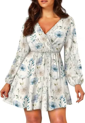 Long Sleeve Womens Dress Casual Flowy Deep V Neck Wrap Mini Dress Elastic Waist Ruffle A-Line Pleated Dresses