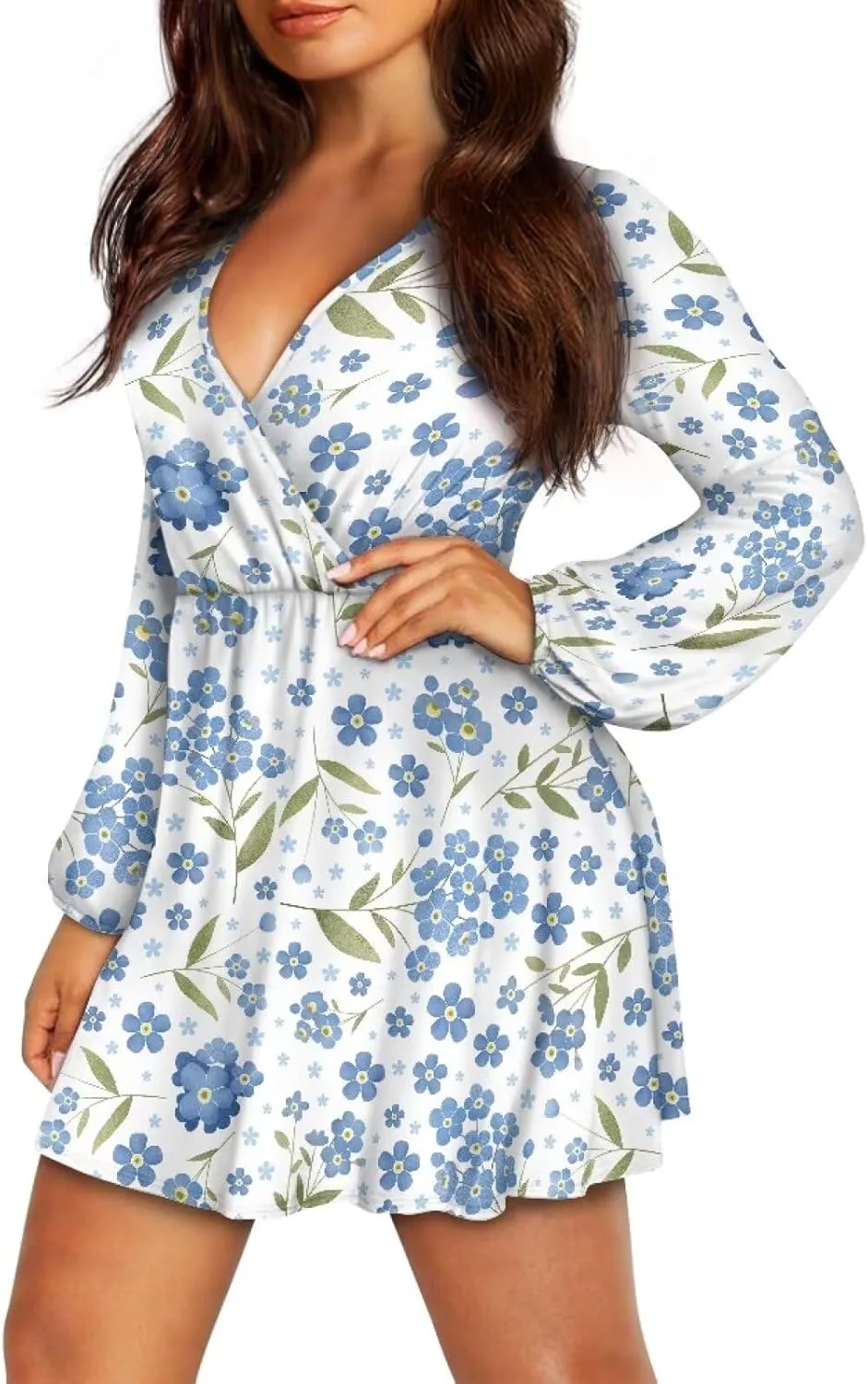 Long Sleeve Womens Dress Casual Flowy Deep V Neck Wrap Mini Dress Elastic Waist Ruffle A-Line Pleated Dresses